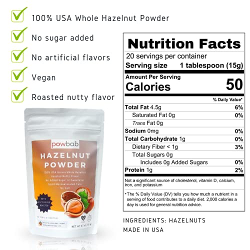 powbab Hazelnut Powder - 100% USA Grown Roasted Hazelnut Meal Flour. Roasted Nutty Flavor, Not Raw. Whole Food: Finely Ground Hazelnut Flour for Baking. No Added Sugar or Fillers. Gluten Free (5.5 Oz)