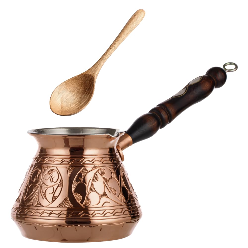 DEMMEX Copper Turkish Coffee Pot Cezve Ibrik Greek Coffee Briki Stovetop Coffee Maker with Wooden