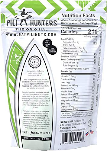 Pili Hunters - Wild Sprouted Pili Nuts, Coconut Oil and Himalayan Salt (5oz Bag) Keto/Paleo/Vegan Snacks, Low Carb Energy, Gluten Free, No Sugar Added, Superfood