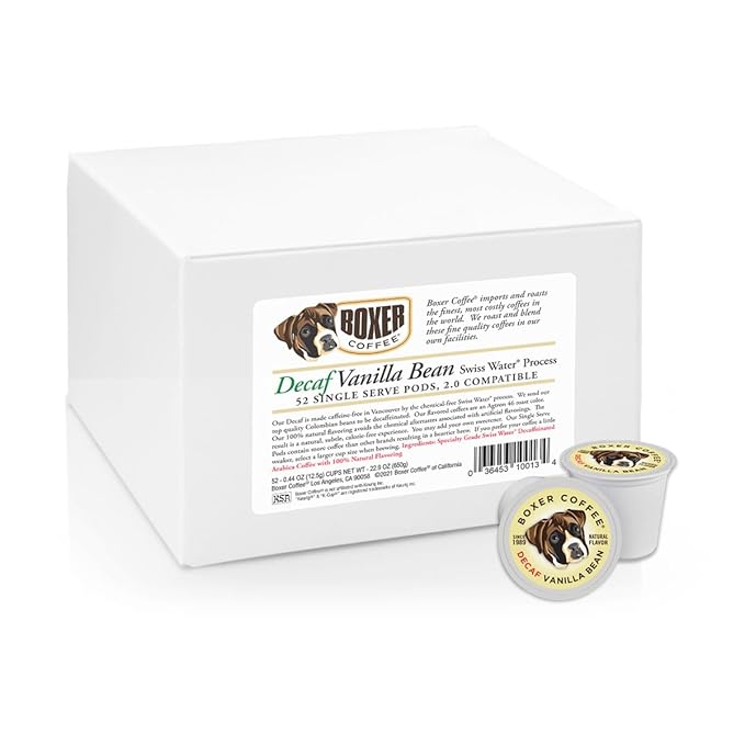 Boxer Coffee 52ct Decaf Vanilla Bean – Naturally Flavored, Swiss Water Process Medium Roast Coffee Pods – Specialty Grade, Artisan Single-Serve Cups – Compatible with Keurig K-Cup Brewers