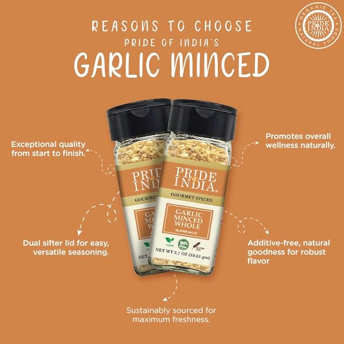 Pride of India ??Garlic Minced ??Gourmet Seasoning ??Ideal for Dips/Sauces/Bread/Salad/Stir-Fries ??Ideal Pantry Condiments ??Easy to Use ??1.9 oz. Small Dual Sifter Bottle