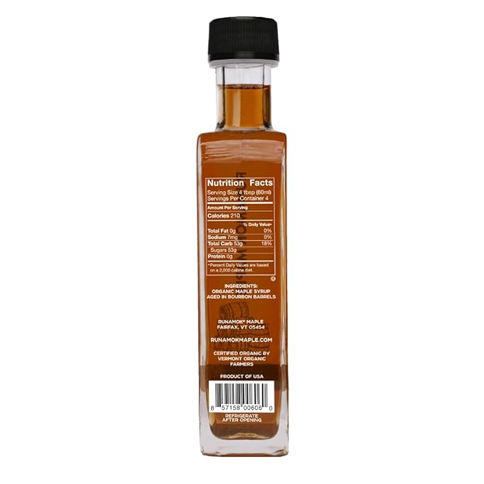 Runamok Organic Bourbon Barrel Aged Maple Syrup - Vermont Maple Syrup, Pure Maple Syrup for Cocktails, Cheese Pairing & Perfect To Be Used As Pancake Syrup, Maple Syrup Organic | 8.45 Fl Oz (250mL)