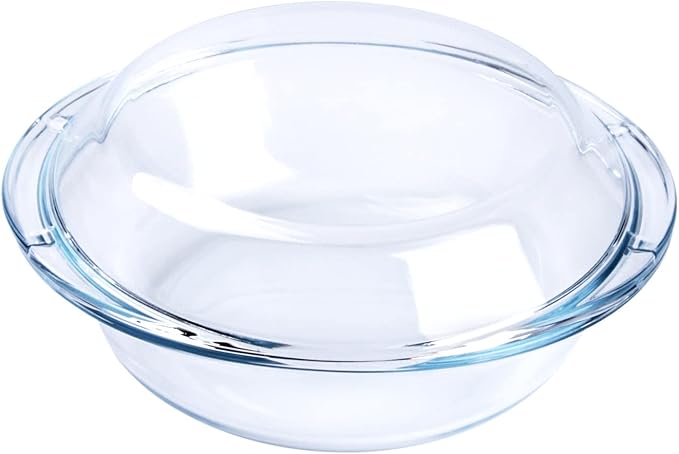 Round Glass Casserole Dish with Lid, Nesting Glass Baking Dish, Heat, Cold and Shock Proof, Oven, Freezer and Dishwasher Safe (1L)