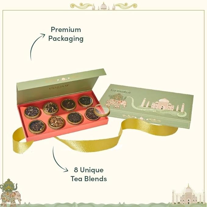 VAHDAM, Weekend In Taj Mahal Tea Gift Sets Travel Edition Gift Box | 8 Varieties - Chai Tea, Black Tea, Herbal Tea | Gluten Free, Non GMO | Gifts for Women, Gifts for Men, Gifts for Him/Her