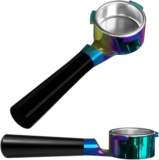 For Days 54mm Flat Base Bottomless Naked Portafilter Intended for Breville Espresso Machines, Includes Filter Basket, Plastic Handle, Stainless Steel (Black Handle - Rainbow)