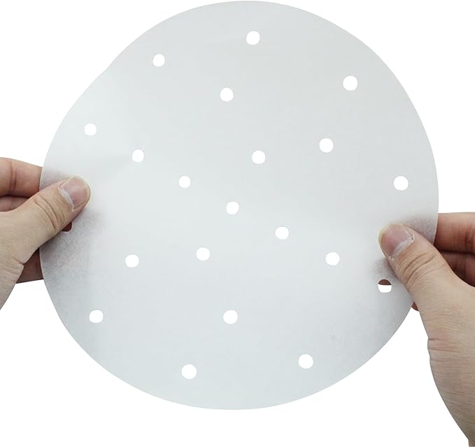 100 Pack 8 Inch Bamboo Steamer Liner - Round Air Fryer Parchment Paper with Holes - White Non Stick Steamer Paper for Air Fryer Basket, Oven, Microwave, Bamboos Steamer
