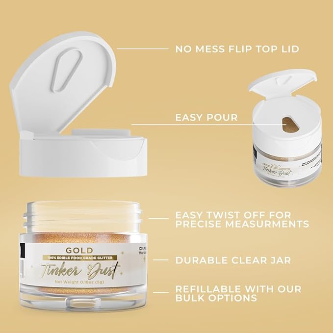 Bakell - Gold Tinker Dust (5g, 1x Jar) Edible Glitter for Food, Desserts, and Beverages!