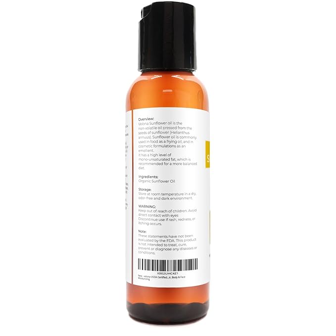 velona USDA Certified Organic Sunflower Oil - 2 Fl Oz | 100% Pure and Natural Carrier Oil | High Oleic, Refined| Cooking, Skin, Hair, Body & Face Moisturizing