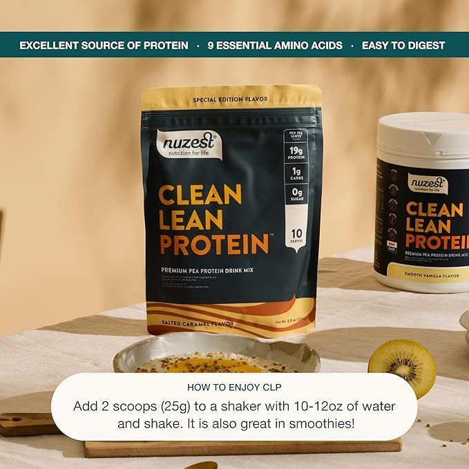 Nuzest - Pea Protein Powder - Clean Lean Protein, Premium Vegan Plant Based Protein Powder, Dairy Free, Gluten Free, GMO Free, Naturally Sweetened Protein Shake, Salted Caramel, 1 Serving, 0.9 oz