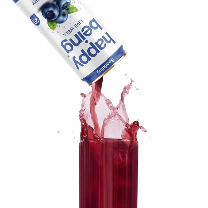 Happy Being Sparkling Nutrient-Rich Blueberry White Tea – Infused with Turmeric, Elderberry, Vitamin D3, Caffeine Free, Plant-Based, Low Calorie & Low Sugar Drinks, 12oz (16 Pack)