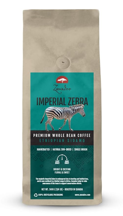 Whole Bean Coffee Imperial Zebra Ethiopian Sidamo 3/4 lb 340 grams