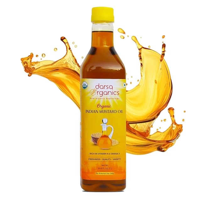 Darsa Organics Cold-Pressed Mustard Oil 33.8 oz (1000ml) ??USDA Organic, Unrefined & Chemical-Free, Rich in Vitamin E & Omega-3, Great for Hair & Skin Care, Natural Massage & Remedies
