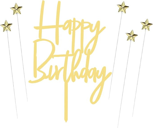 ZHENGYE Set of 1 Glod Acrylic Happy Birthday Cake Topper And 5 Pieces Glod Star-Shaped Cupcake Topper Cake Decoration Supplies for Baby Shower Birthday Decorations(Glod 20)