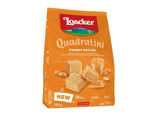 Loacker Quadratini Peanut Butter bite-size Wafer Cookies - 30% Less Sugar - Premium Crispy Wafers with Peanut Butter cream filling - great for snacks & desserts- Non GMO - LARGE Snack Bag 250g/8.82oz