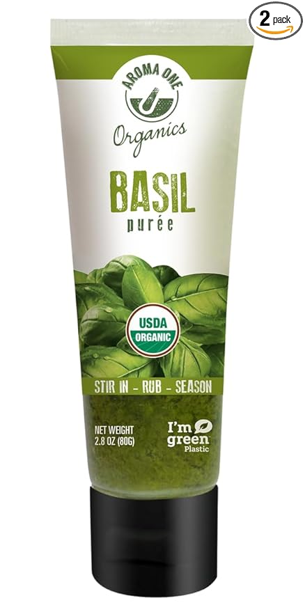 Aroma One Basil Puree Paste - Organic Herb Concentrate for Cooking, Seasoning & Sauces - Fresh Flavor Enhancer, Non-GMO, Gluten-Free, Vegan - Easy Squeeze Tube, Kitchen Must-Have - 80g (2-Pack)