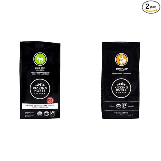 Kicking Horse Coffee Kick Ass Dark Roast Ground (10 Oz) and Smart Ass Medium Roast Whole Bean (10 oz) Bundle