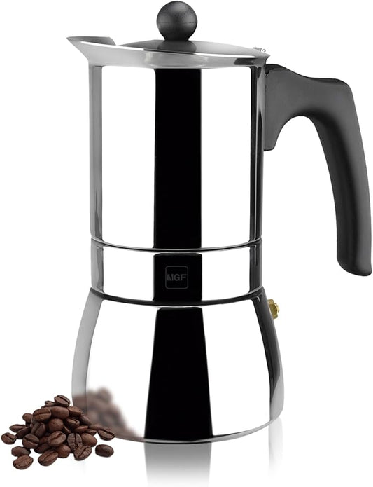 MAGEFESA Genova Stovetop Espresso Maker, 6 Cups/10 oz, 18/10 Stainless Steel Moka Pot, Italian Greca Coffee Maker, Suitable for Induction