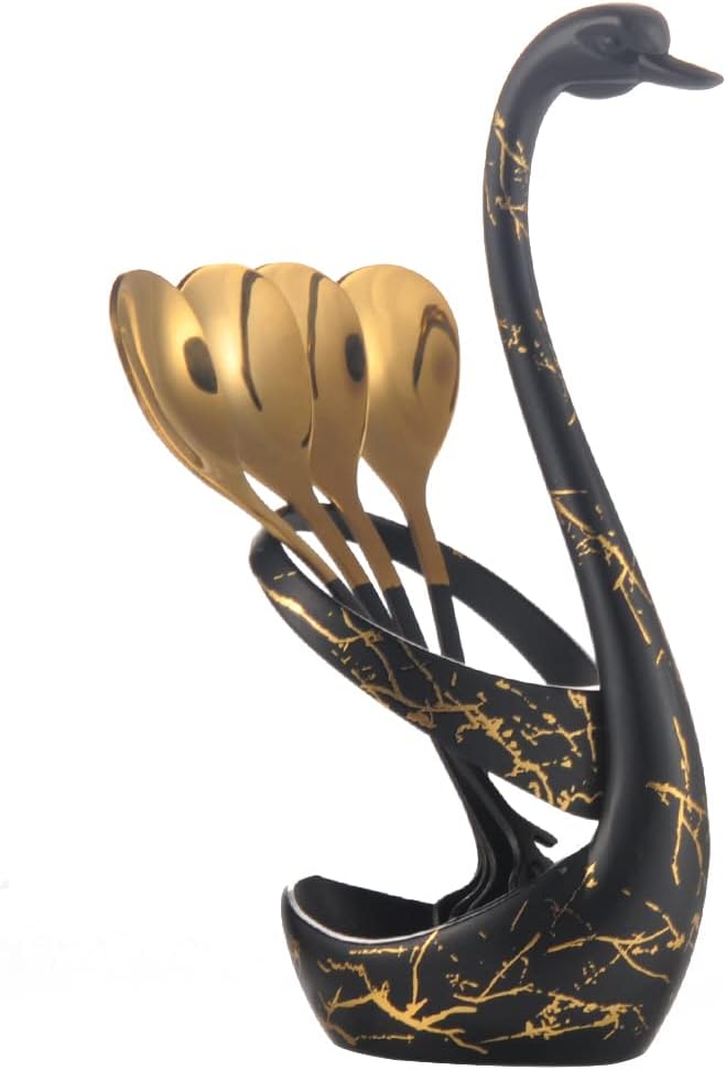 AnSaw Small Coffee Spoon Holder Set,Black Swan Base With 10 Pcs Black & Gold Demitasse Espresso Spoons Set,4.7" Mini Leaf Dessert Spoon,Stainless Steel Tea Spoons