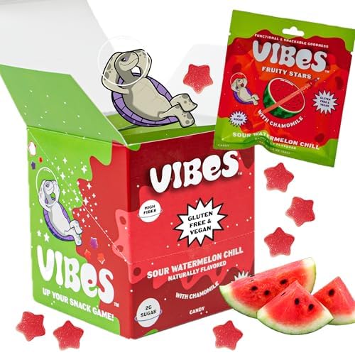 VIBES Sour Watermelon Chill Fruity Stars - Delicious Low Calorie Gluten-Free Bulk Fruit Snacks - High Fiber Healthy Fruit Snacks for Kids, Teens, & Adults -2g Sugar - 6 Packs of 18 Fruit Gummies