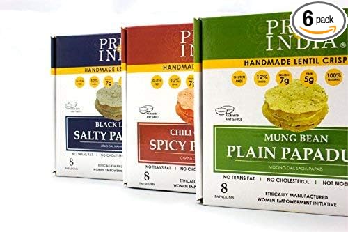 Pride Of India - Assorted Papadum Lentil Crisps - Plain, Salty & Spicy - Pack of 6 (2 Boxes per Flavor) - 6 * 3.53oz (100gm) per 10 Count Box - Party Perfect, Lentil Chips, Gluten-Free, Healthy Snack