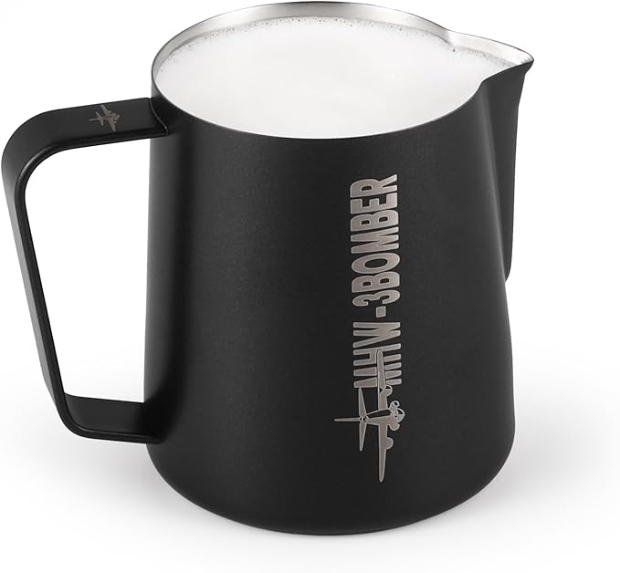 MHW-3BOMBER Milk Frothing Pitcher, 16oz/450ml Milk Frother Cup for Barista, SUS304 Stainless Steel Espresso Steaming Pitchers for Milk/Coffee/Latte Art, Matte Black, P3025B-OS