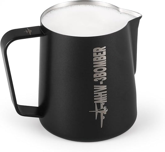 MHW-3BOMBER Milk Frothing Pitcher, 16oz/450ml Milk Frother Cup for Barista, SUS304 Stainless Steel Espresso Steaming Pitchers for Milk/Coffee/Latte Art, Matte Black, P3025B-OS