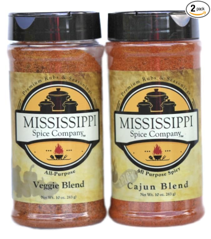 Mississippi Spice Company Premium Rubs & Seasonings, Veggie and Cajun Blends, All-Purpose, 10 oz (2- Bottles, Veggie/Cajun)