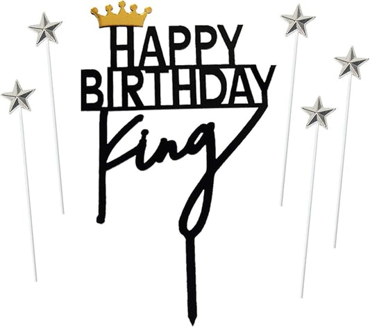 ZHENGYE Set of 1 Crown King Acrylic Happy Birthday Cake Topper Sign And 5 Silvery Stars Cake Toppers For Birthday Cake Decorations(Black 28)
