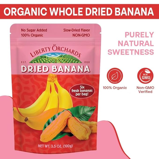 Liberty Orchard Organic Whole Dried Banana - Naturally Sweetened Dried Fruit Snack for Healthy Digestion & Busy Lifestyles - Delicious 6 Fresh Bananas in Each Bag - 5 Pack