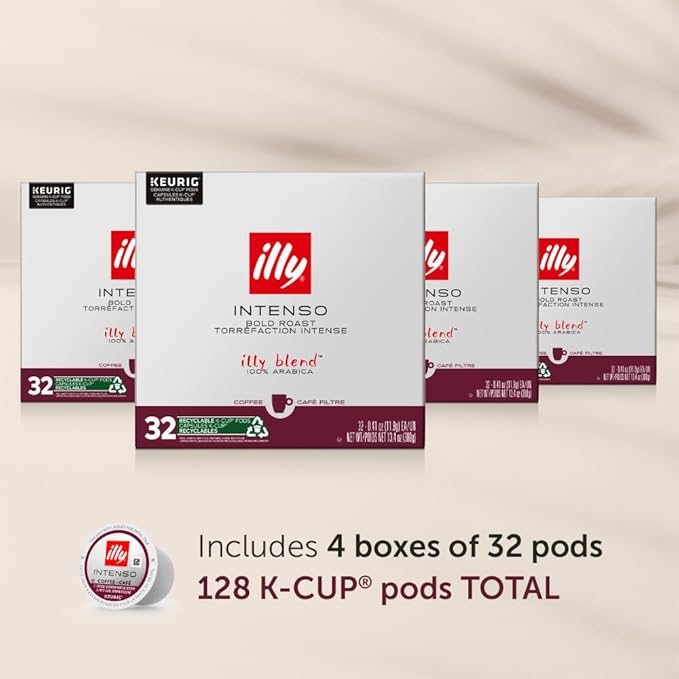 Illy Coffee, Intenso Dark Roast K-Cups, Made With 100% Arabica Beans, Intense & Robust Flavor, All-Natural, No Preservatives, Pods for Keurig Machines, 128 K-Cup Pods