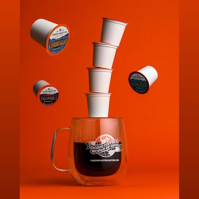 Fresh Roasted Coffee, Italian Craft Coffee Variety Pack, Artisan Blend, Dark Roast, Kosher, 96 Pods for K cup Brewers