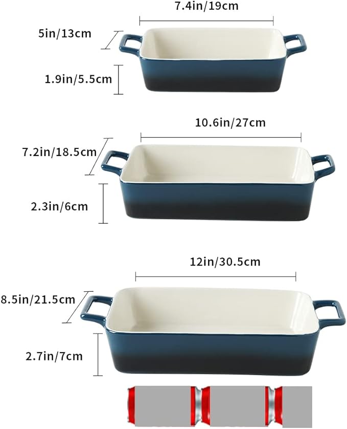 KOOV Bakeware Set, Ceramic Baking Dish, Rectangular Baking Pans Set, Casserole Dish for Cooking, Cake Dinner, Kitchen, Wrapping Upgrade, 12 x 8.5 Inches, 3-Piece (Gradient Blue)