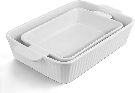 Ceramic Baking Dish Set (2-Piece) - 4.4QT & 1.8QT Rectangular Casserole Pans for Lasagna, Turkey, Cake - White Oven Safe Roaster Pans 13x9.5 & 12x7 Inch Dishwasher Safe