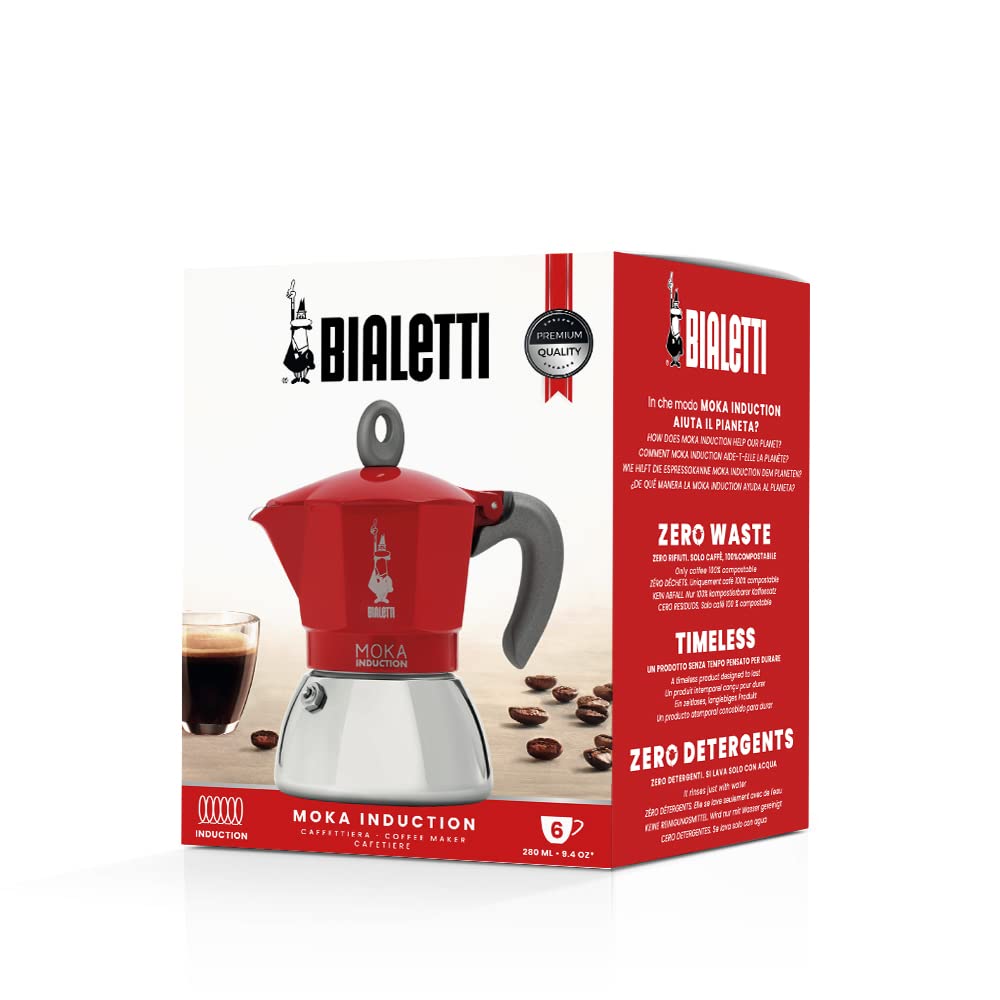 Bialetti - Moka Induction, Moka Pot, Suitable for all Types of Hobs, 6 Cups Espresso (9.4 Oz), Red