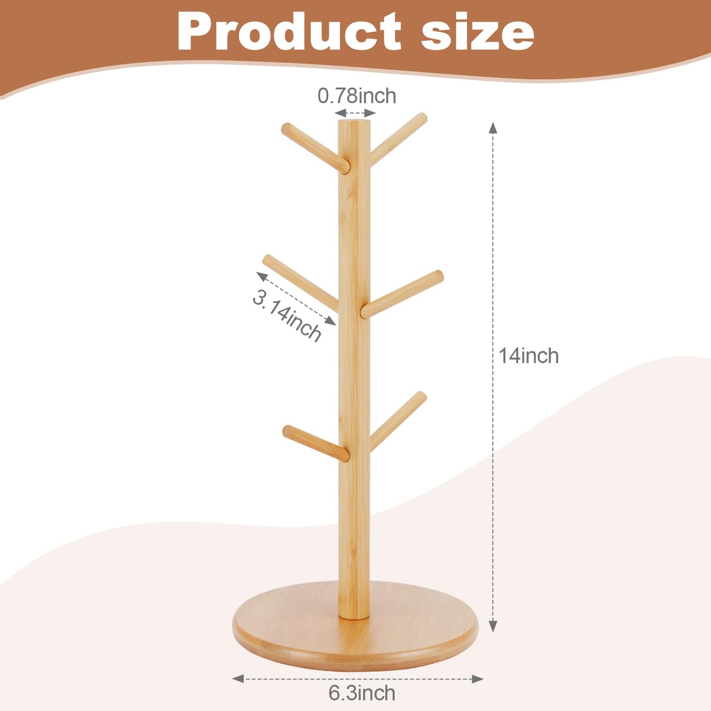 Bamboo Mug Tree Holder, Upgraded Screw Type 6 Hooks Coffee Mug Holders