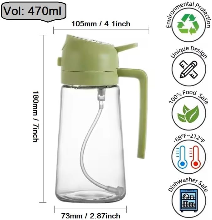 Oil Sprayer for Cooking 2 in 1, 470ml/16oz, Oil Spray & Dispenser Glass Bottle, Food-grade material for Kitchen, Salad Dressing, Frying, Air Fryer & BBQ (Green&Black)