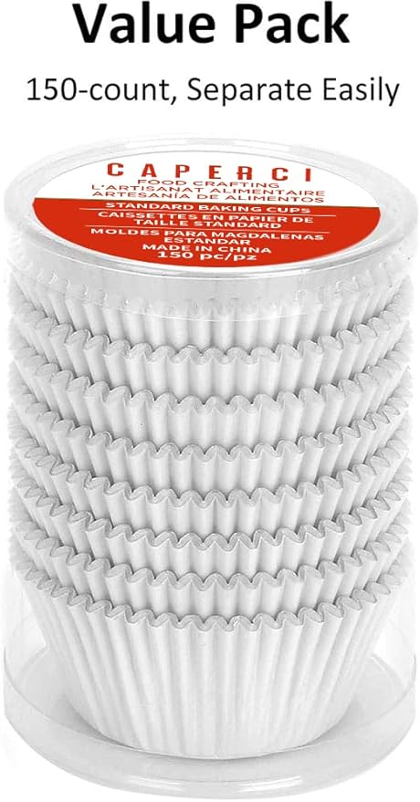 Caperci White Foil Cupcake Liners Standard Muffin Wrappers 150-Pack - Premium Greaseproof & Sturdy Cupcake Papers for Baking
