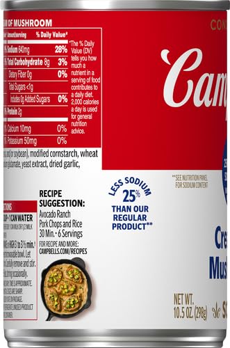 Campbell's Condensed 25% Less Sodium Cream of Mushroom Soup, 10.5 oz Can (Pack of 4)