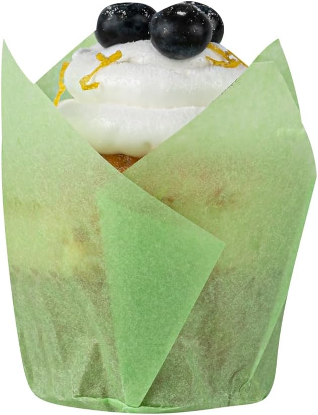 Restaurantware Panificio Premium 4 oz Green Paper Tulip Baking Cup: Paper Baking Cups Perfect for Muffins Cupcakes or Mini Snacks - Greaseproof - Disposable and Recyclable - 200ct Box
