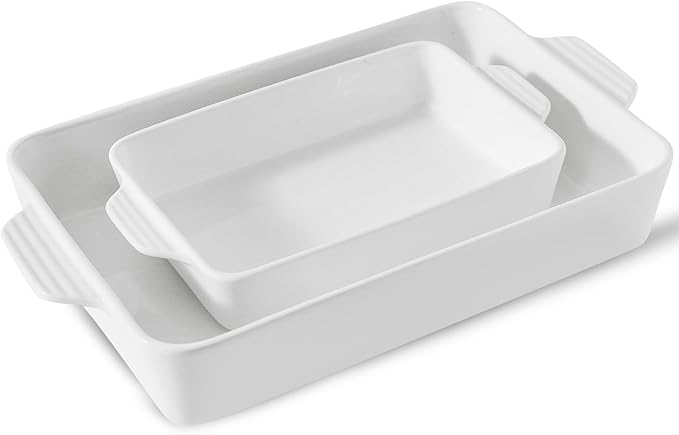 Ceramic Baking Casserole Dish with Handles, Large 9x13 inch Pan and Middle Baking Pan - Porcelain Serving Bakeware Set (White)