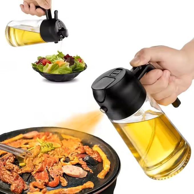 Oil Sprayer for Cooking 2 in 1, 470ml/16oz, Oil Spray & Dispenser Glass Bottle, Food-grade material for Kitchen, Salad Dressing, Frying, Air Fryer & BBQ (Black)