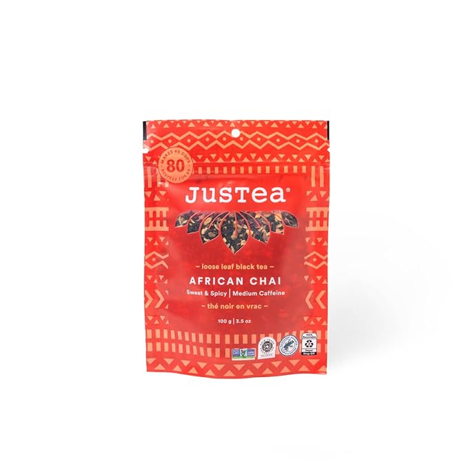 JusTea AFRICAN CHAI | Loose Leaf Black Tea | Recyclable Refill Pouch | 40+ Cups (3.5oz) | Medium Caffeine | Award-Winning | Fair Trade | Non-GMO