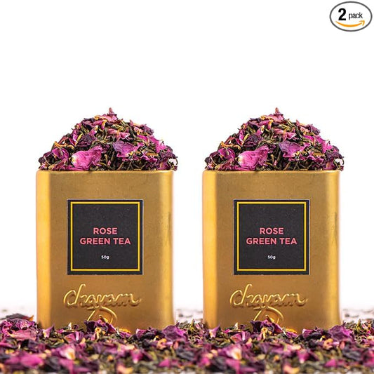 CHAYAM Rose Green Tea, 50g/1.77oz each | Exotic Tea with Real Dried Rose Petals & Whole Leaf Green Tea | 100% Natural Ingredients | Floral Tea | No Sugar & Zero Calories - Pack of 2
