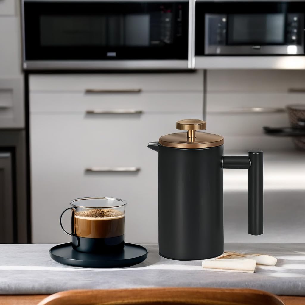 Meelio Small French Press Coffee Maker 350ml/12oz, Black Stainless Steel Double-Wall Insulated