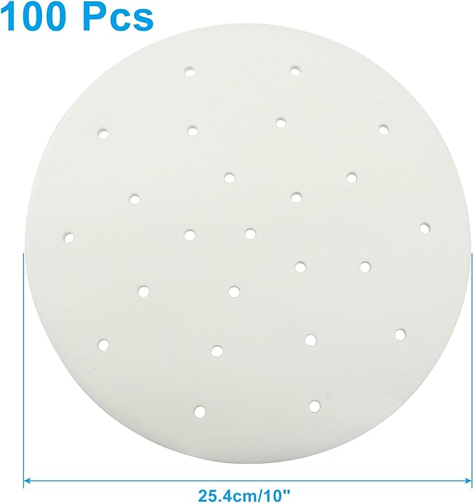 100 Pack 10 Inch Bamboo Steamer Liner - Round Air Fryer Parchment Paper with Holes - White Non Stick Steamer Paper for Air Fryer Basket, Oven, Microwave, Bamboos Steamer