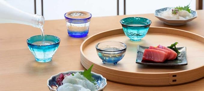 ADERIA Tsugaru Vidro Sake Glasses and Glass Sake Carafe Set [4 Shades of Tsugaru Blue]: 1 Sake Carafe and 4 Sake Cups in Gift Box (Handmade in Japan)