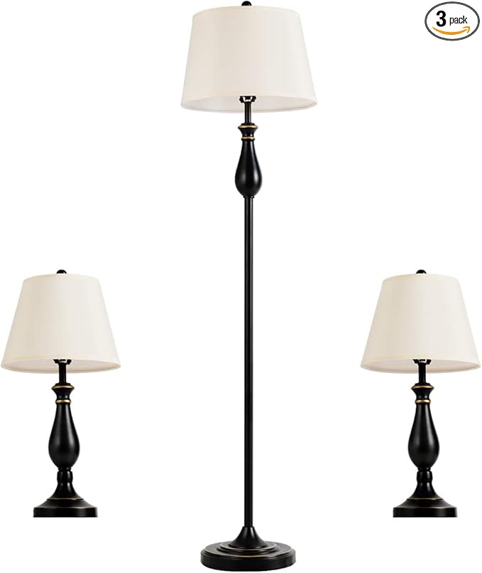 Tangkula 3-Piece Vintage Metal Base Table and Floor Lamp Set, Modern Lamp Set with Fabric Shade for Living Room, Bedroom - Matt Black Finish