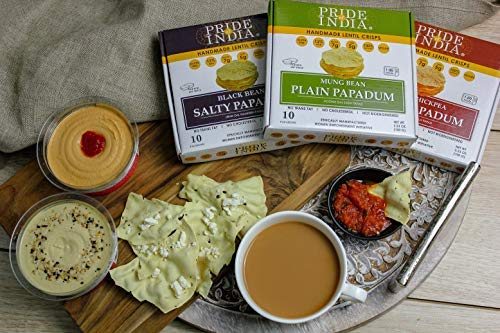 Pride Of India - Assorted Papadum Lentil Crisps - Plain, Salty & Spicy - Pack of 6 (2 Boxes per Flavor) - 6 * 3.53oz (100gm) per 10 Count Box - Party Perfect, Lentil Chips, Gluten-Free, Healthy Snack