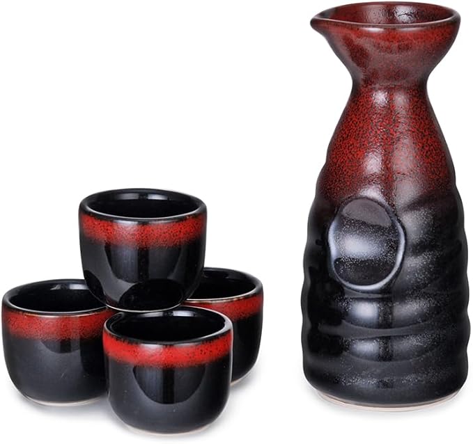 Urban Tokyo Japanese Sake 5 Piece Set Include 1 Sake Bottle and 4 Cups for Hot or Cold Sake Home or Restaurant Use Reactive Glazed Ceramic (Black and Red)
