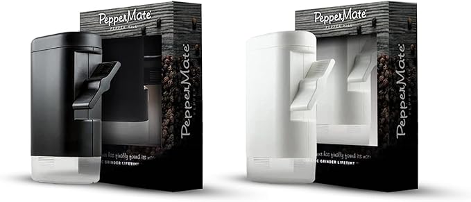 Pepper, Peppercorn & Salt Grinder-Mill Set by PepperMate - Easy-To-Fill, Gourmet, Ceramic Refillable Hand-Operated w/Measuring Cup, Precision Grind for Coarse or Fine Grinding (Black and White)